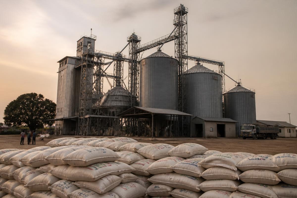 Grain silos and stacked sacks of maize at a crop processing facility at dusk