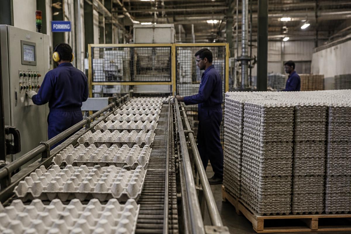 Moulded pulp egg trays moving along a conveyor inside a manufacturing plant