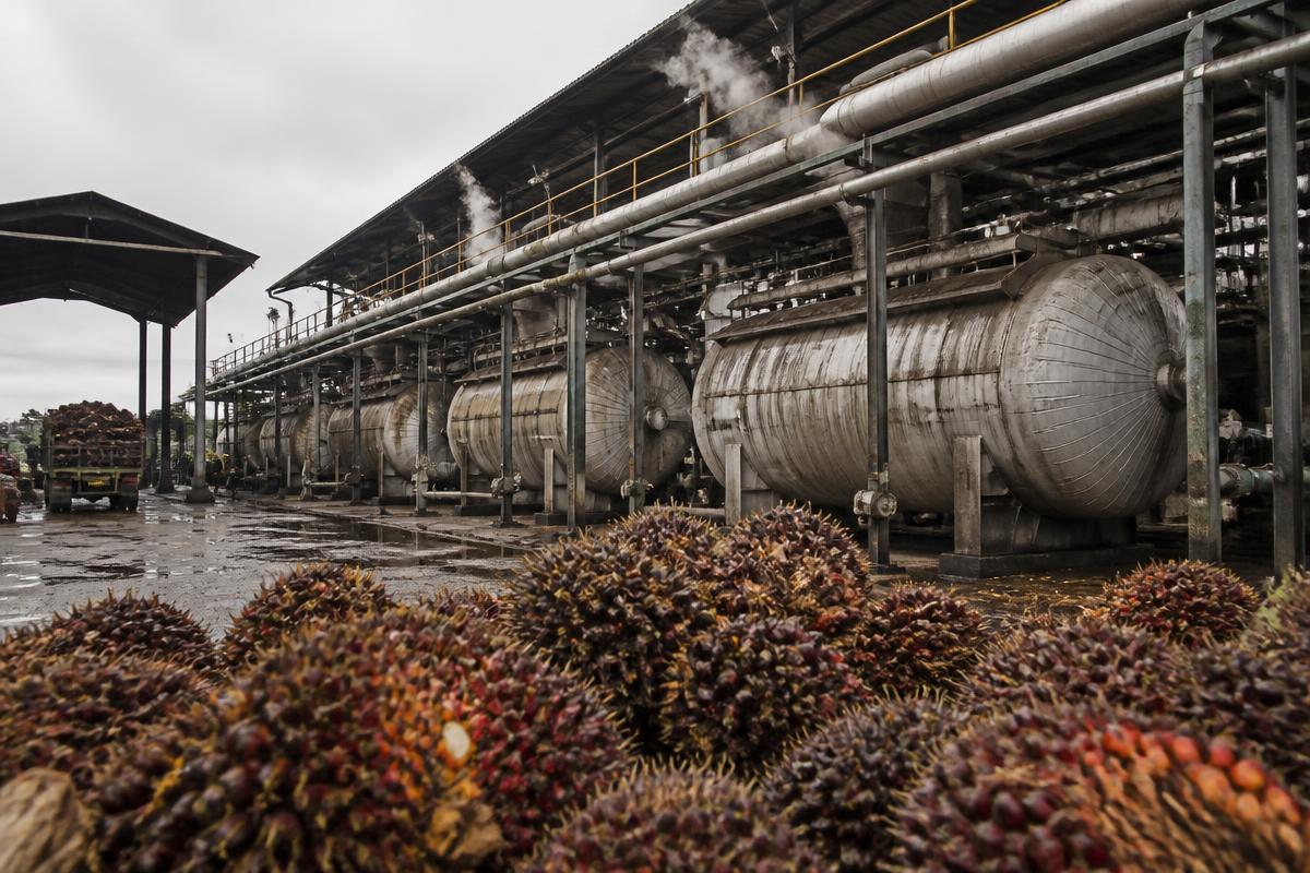 Pressing vessels and pipework at a palm oil processing mill with fruit bunches in the foreground