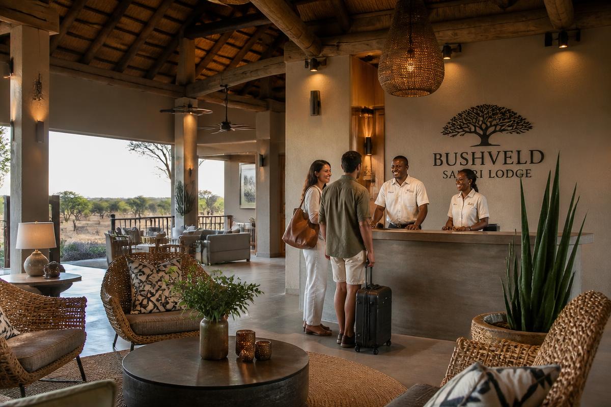 Guests welcomed at the reception of an African safari lodge with warm hospitality